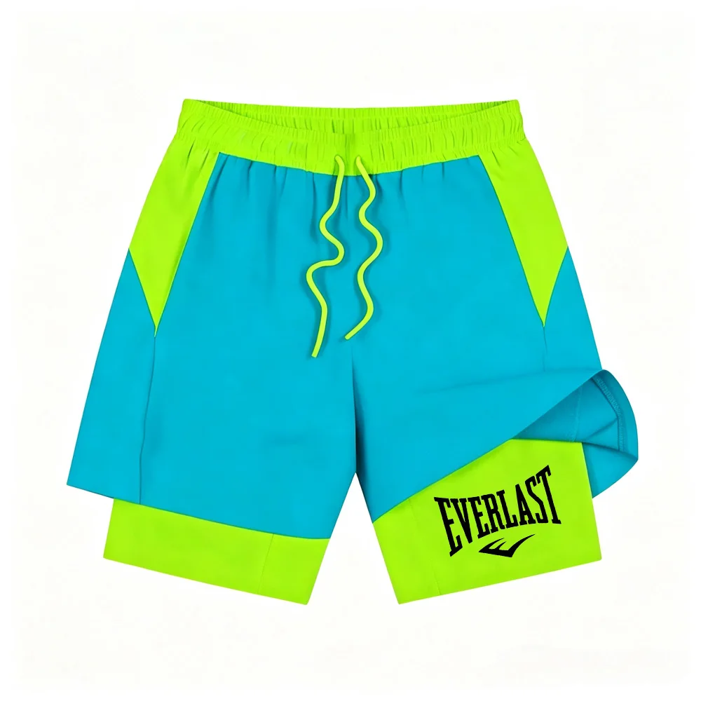 Men's double-layer anti-glare drawstring running fitness training five-pocket pants with high elasticity lining, beach shorts