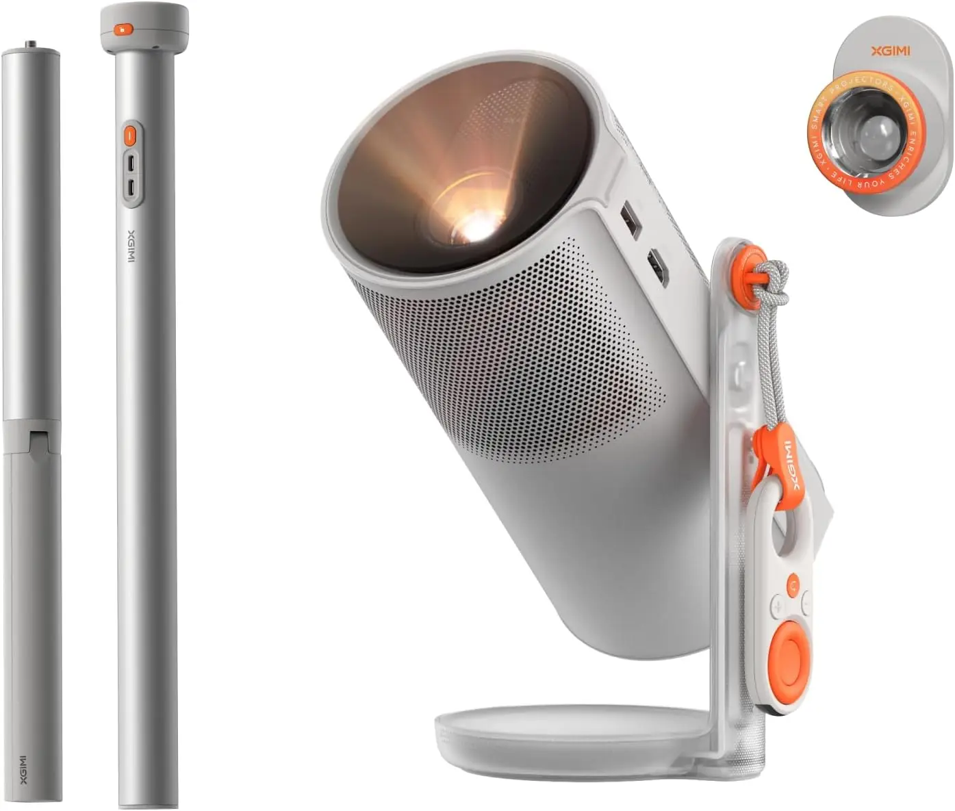 

2025 New Portable Projector with PowerBase Stand, 5-Hour Playtime, Google TV & Netflix, 360° Adjustable Stand