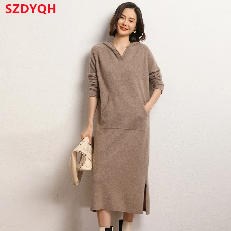 High-end New 100% Pure Cashmere Sweater Long Dress Women Long Sleeve Knitted Dresses Female Solid Color Fashion Hooded Pullover