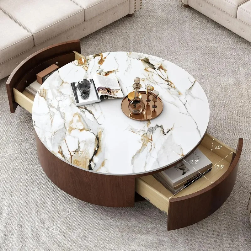 Round Coffee Table with Storage, Mid Century Modern Coffee Table with 2 Drawers and Faux Marble Tabletop, Circle, Customized
