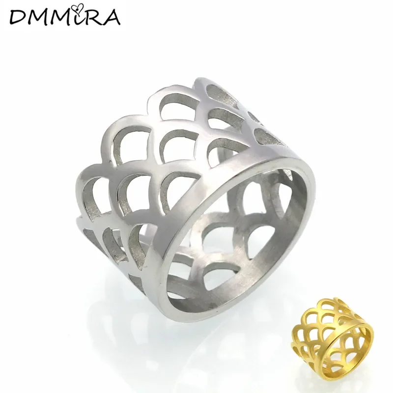 Fashion Women Men Gold Color Hollow Crown Titanium Steel Fish Scale Arc Shape Finger Ring Jewelry For Christmas Gift