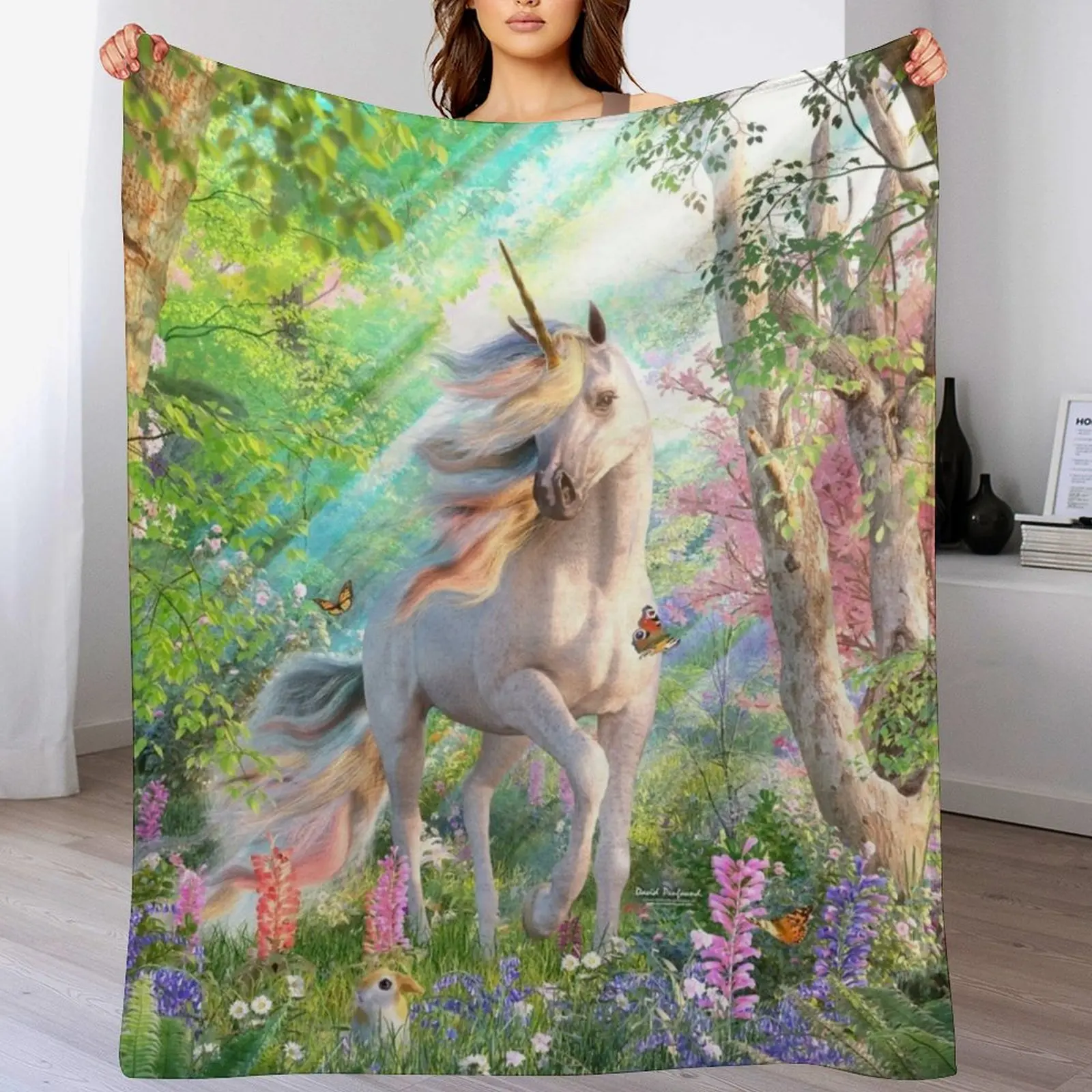 

Unicorn Enchanted Forest Throw Blanket Color Fast Cozy Throw Blanket