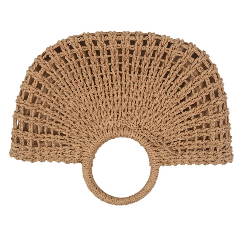 Straw Bag Paper Rope Round Bucket Hollow Woven Bag & Bead Hand-Woven Straw Bag Women Small Tote Bags