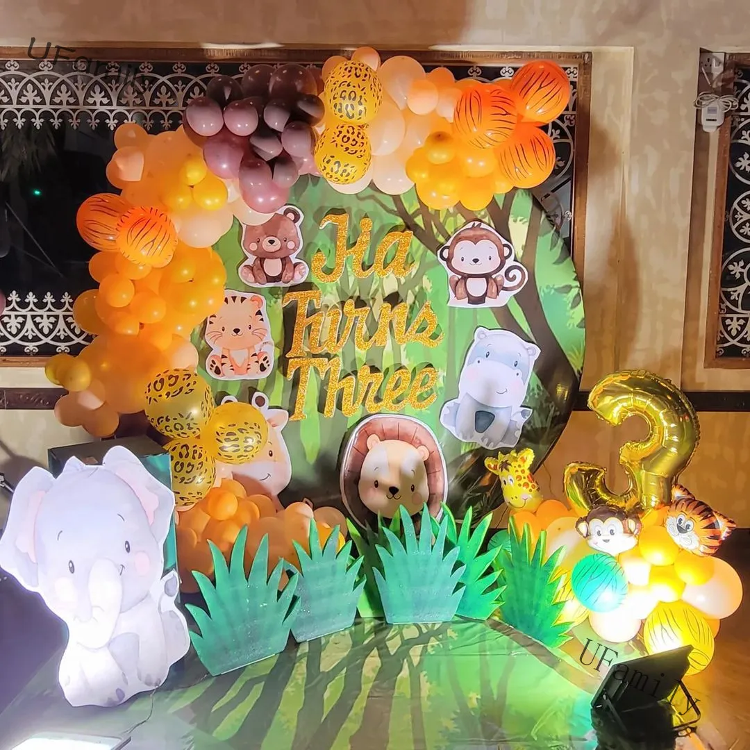 Fondo de tablero KT de animales de la selva para fiesta, telón de fondo de cumpleaños temático para niños, fotografía, Baby Shower, globos de