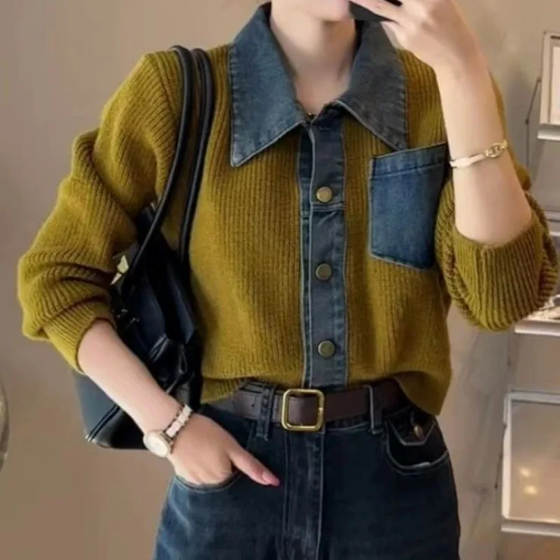 

Women's Korean Version Denim Patchwork Sweater, Long Sleeved Cardigan, Retro Loose Jacket, Autumn and Winter Fashion, New