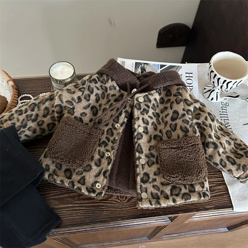 Kids Girls Winter Leopard Fleece Coat Double Sides Lamb Velvet Jacket One Breasted Long Sleeve Thermal Plush Tops Coat 1-10Y