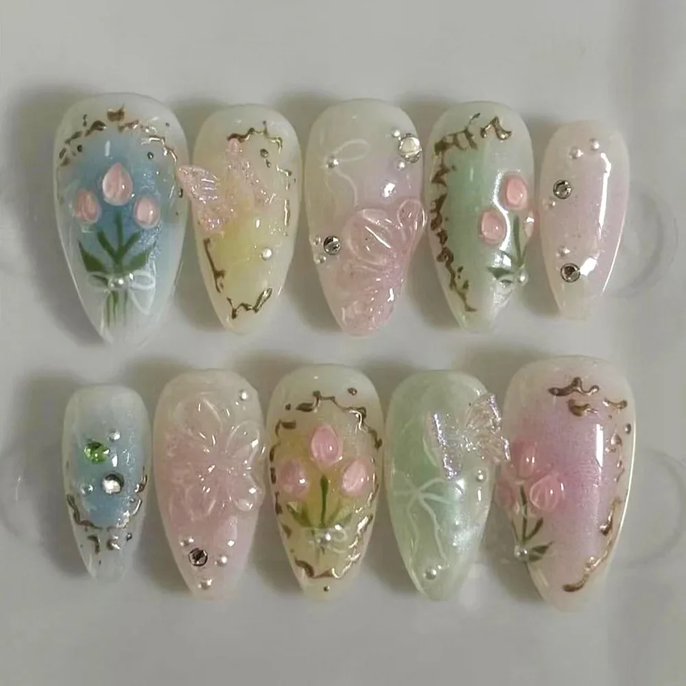 24pcs Almond Press on Nails Flower False Nails Wearable Stick-on Nails Fake Nail Uñas Postizas Накладные Ногти Faux Ongles 네일팁