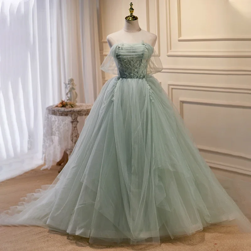 Evening Dresses Green Tulle Strapless Beads Short Sleeve Lace Up Floor Length Plus Size Party Formal Ball Gowns Customization