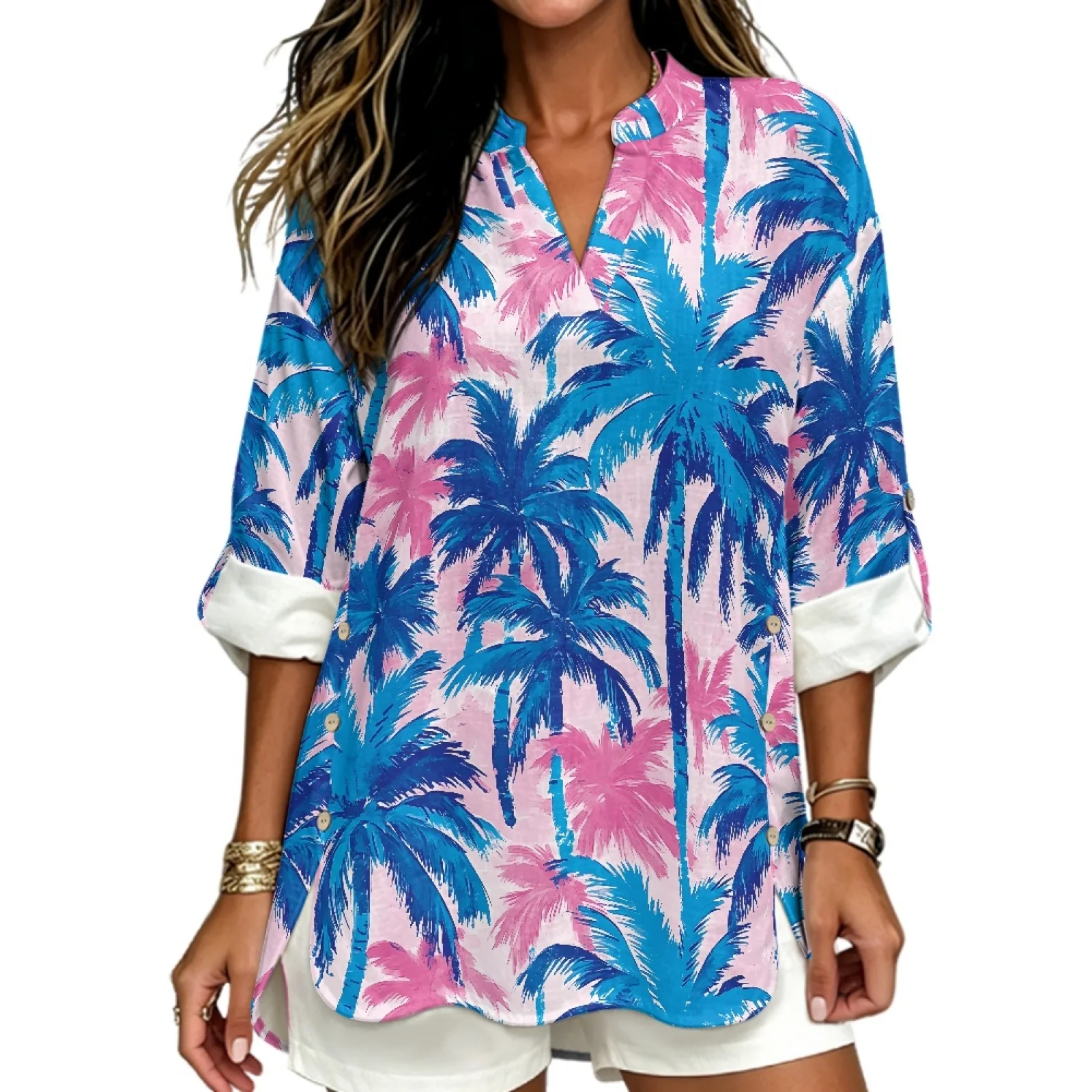 PENSTROLL Blue Pink Palm Tree Linen Like Long Sleeve Womens Tops Fashionable Tunic Blouse for Mujer Sizes S-5XL
