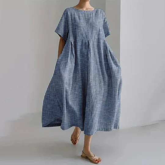 

Summer Bohemian Lady dress 2024 Korean Chic Clothes Elegant Cotton Crew Neck Plaid Check Printed Robe Holiday A Line Long Dress