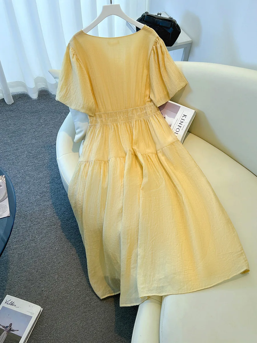 150 kg grote maten dames buste 143 zomer losse zachte stijl v-hals taille cinched jurk geel 4xl 5xl 6xl 7xl 8xl