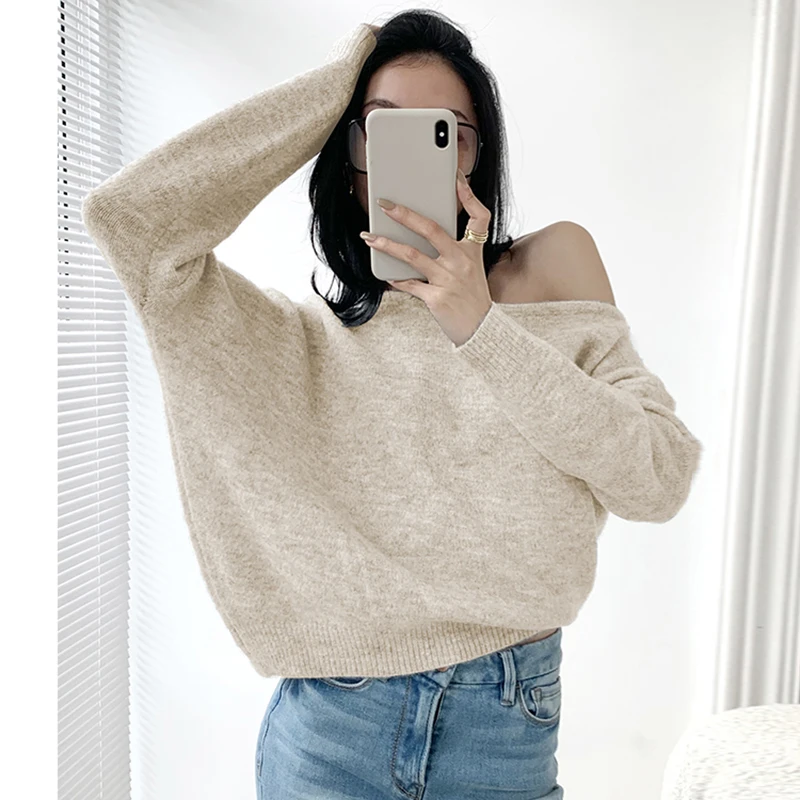 Chic Autumn Winter Shoulder Bared One-Shoulder Loose Casual  Color Long Sleeve Knitted Sweater for Women Commute Style