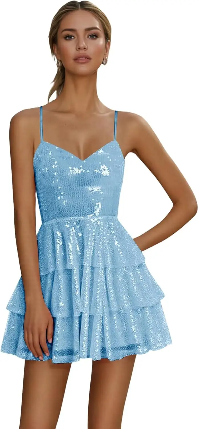 

Spaghetti Straps Homecoming Dresses Short Tiered Sequin Formal Party Bodycon Dress for Teens Graduation Dress Mini Dress