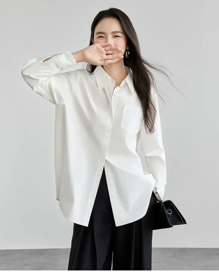 

SENTUBILA 100% Cotton Shirts Women 2025 Spring Fashion Solid Basic Turn Down Collar Spliced Single Breasted Blouses 151C56991