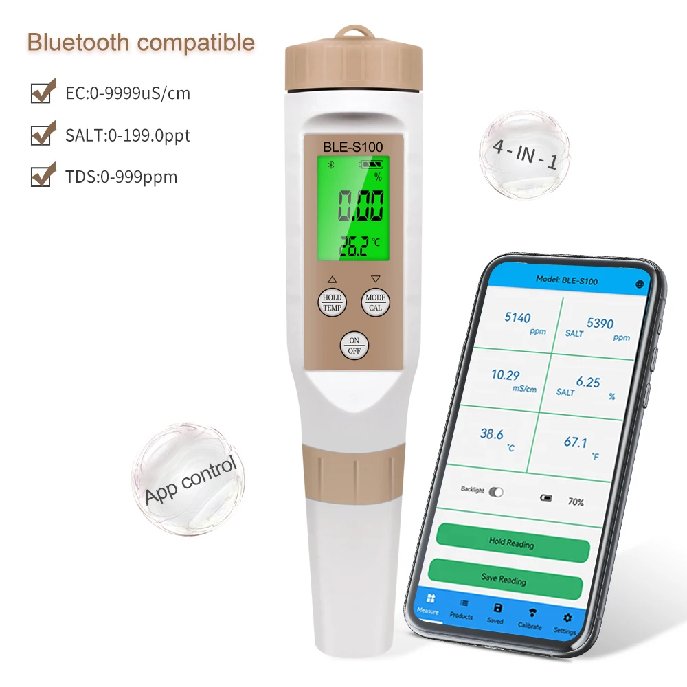 

4 IN 1TDS EC Salinity TEMP Meter Water Analysis Quality Detector With Blue Tooth TDS Tester For Lab Pool Aquarium Hydroponics