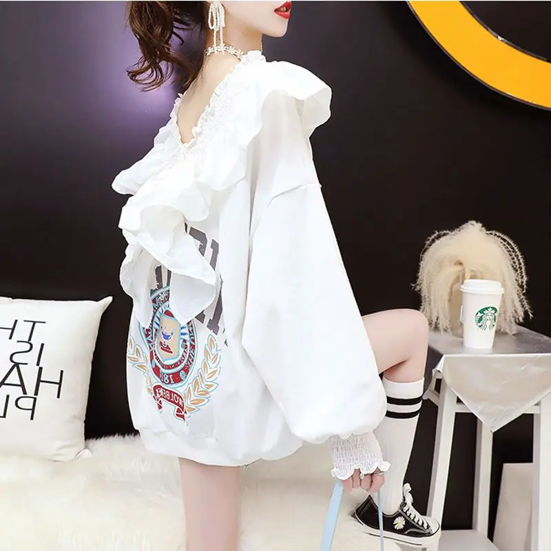 

Autumn Two-sided V-neck Letter Print Long-sleeved Sweatshirt Women's Versatile Loose Super Fire Jacket Age Reduction Pullovers