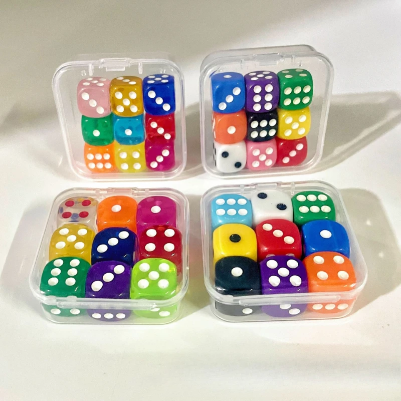 

9 Pieces Transparent Color Dice with Box 6 Sided Dice for Board Games 14mm 16mm Bulk for Math Learning Dice for Classroom