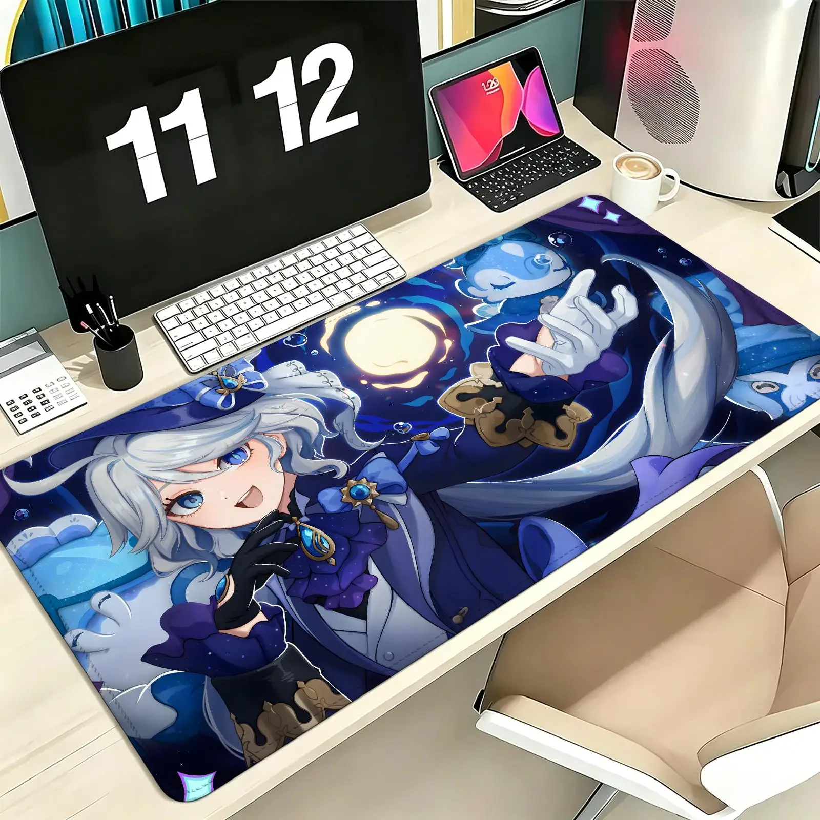 Genshin Impact Furina Pro E-Sports XXL Gaming Mousepad Extra Large Non-Slip Stitched Edge Keyboard Laptop Desk Mat For PC Gamer