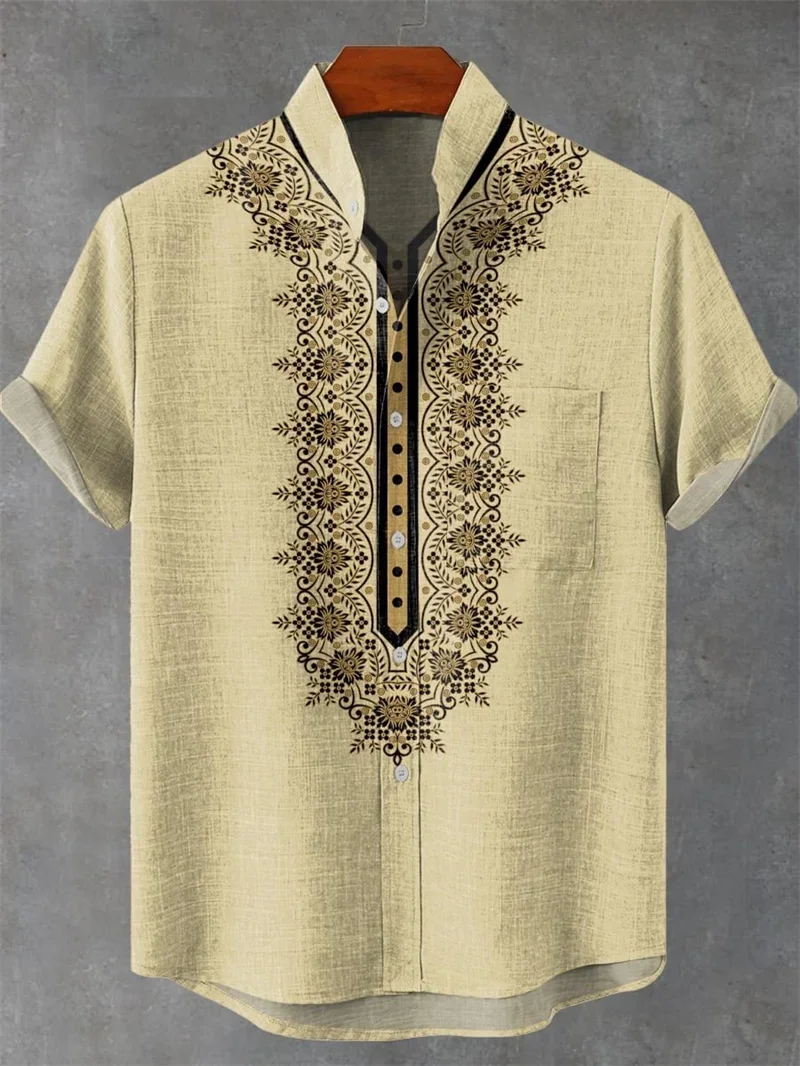Men's Linen 3D Printed Pattern Lapel Short-sleeved Button-button Pocket Shirt Ethnic Style Private Custom Shirt Slim Beach Top