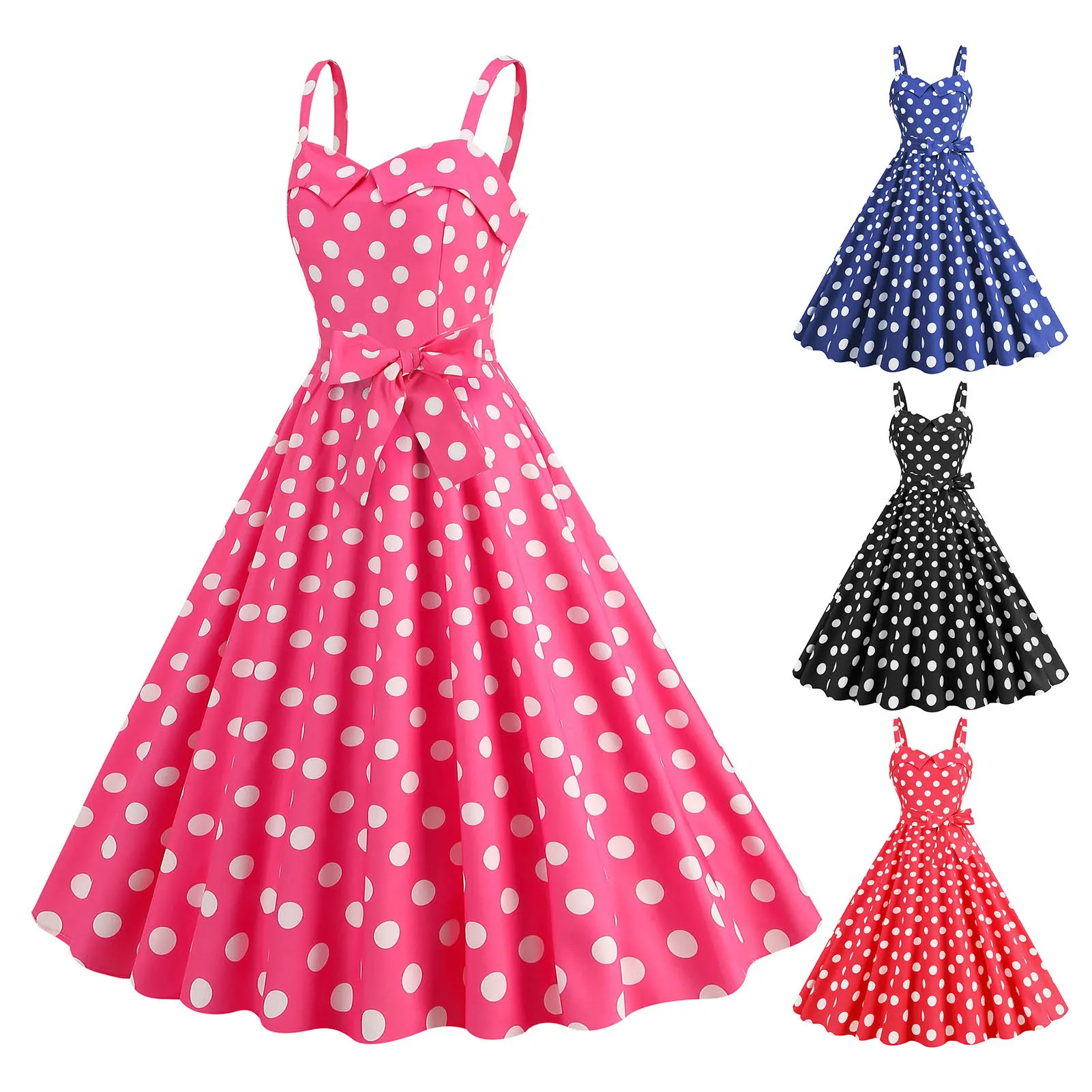 Women Polka Dot Print Summer Dress Sexy Retro White Halter Vintage Dress Robe Femme Pin Up Rockabilly Party Dress