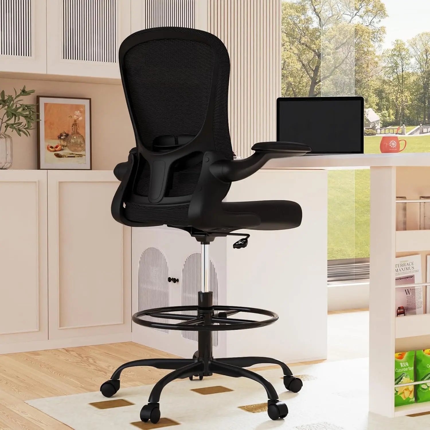 Drafting Chair, Tall Office Chair with Flip-up Armrests Executive Ergonomic Computer Standing Desk Chair, Office Drafting Chair