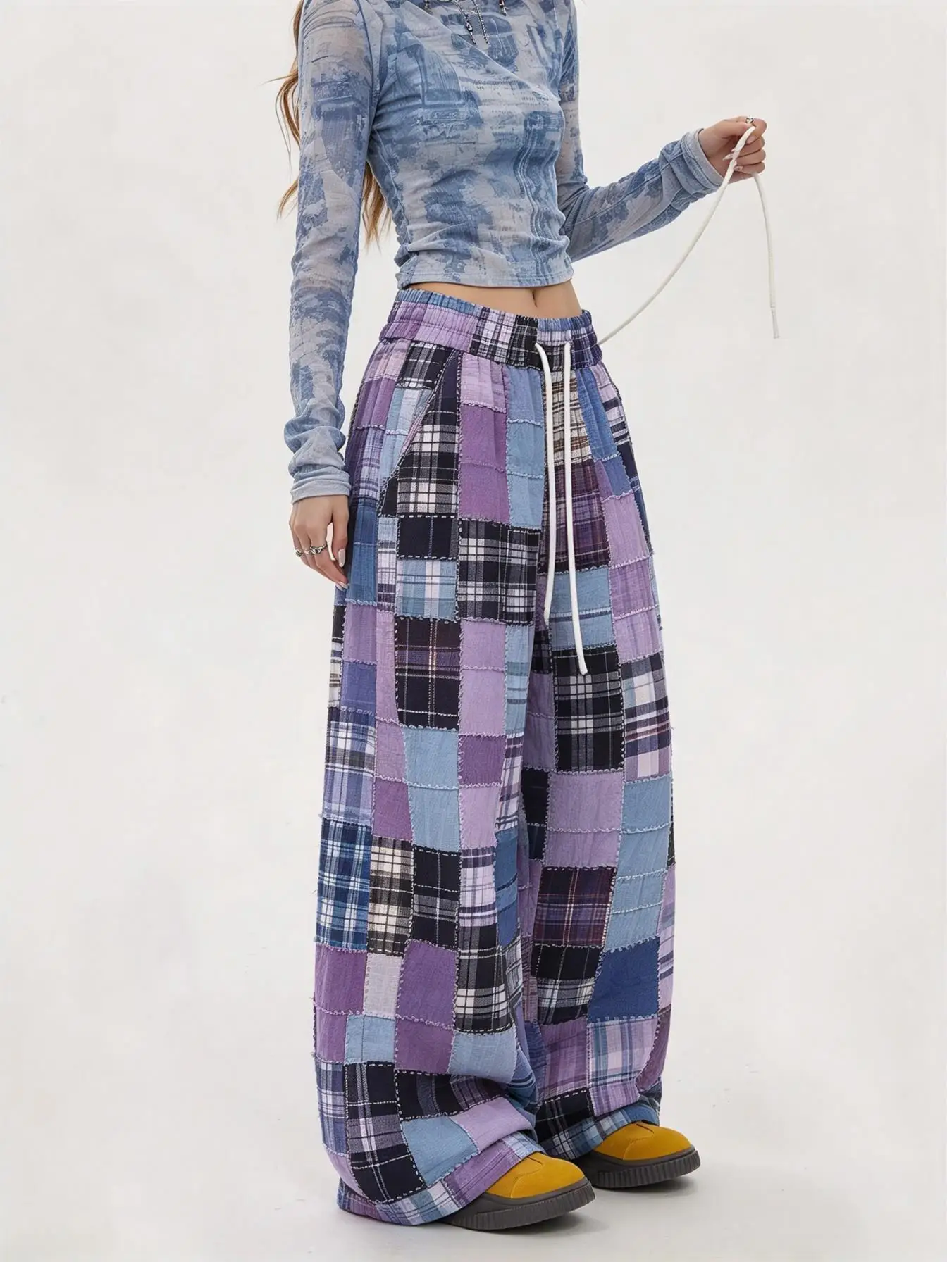 Ladies Y2K Wide Leg Trousers, Vintage Patchwork Tartan Plaid Graphic Loose Streetwear Pants