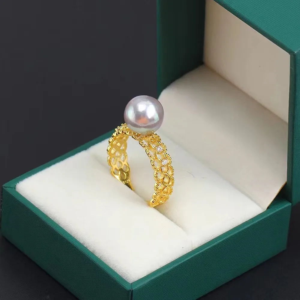 DIY Pearl Ring Accessories S925 Sterling Silver Ring Empty Holder Cutout Gold Silver Jewelry Set Fit 8-10mm Round Z198