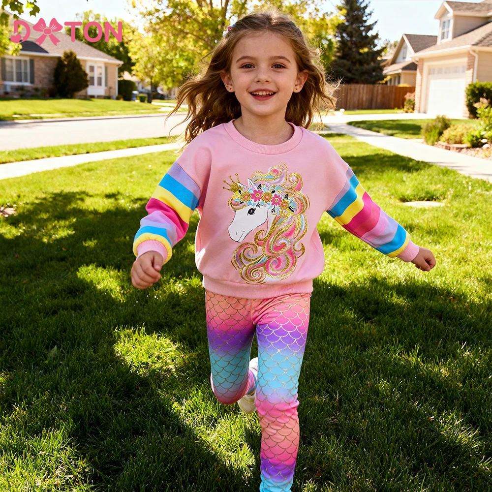 DXTON 2-teiliges Kinderanzug-Pullover-Oberteil + Hose, Mädchen-Kleidungsset, Regenbogen-Winter, Kinder, tägliche Kostüme, T-Shirt und Hose, Kleinkind-Sets