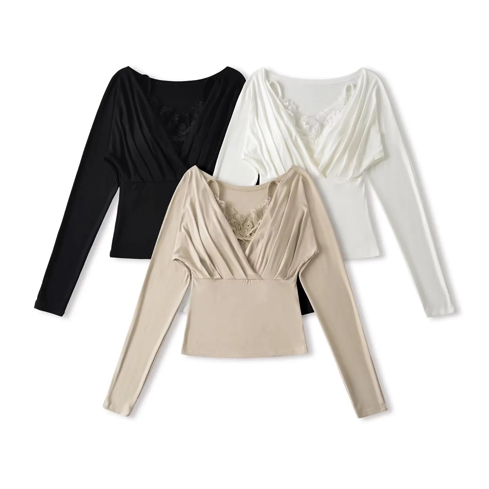Setelan Wanita Musim Gugur Pure Desire Sle Long Sve T-irt, Atasan Vest Tali dengan Patchwork Renda, Setelan Dua Potong Desain V-Neck