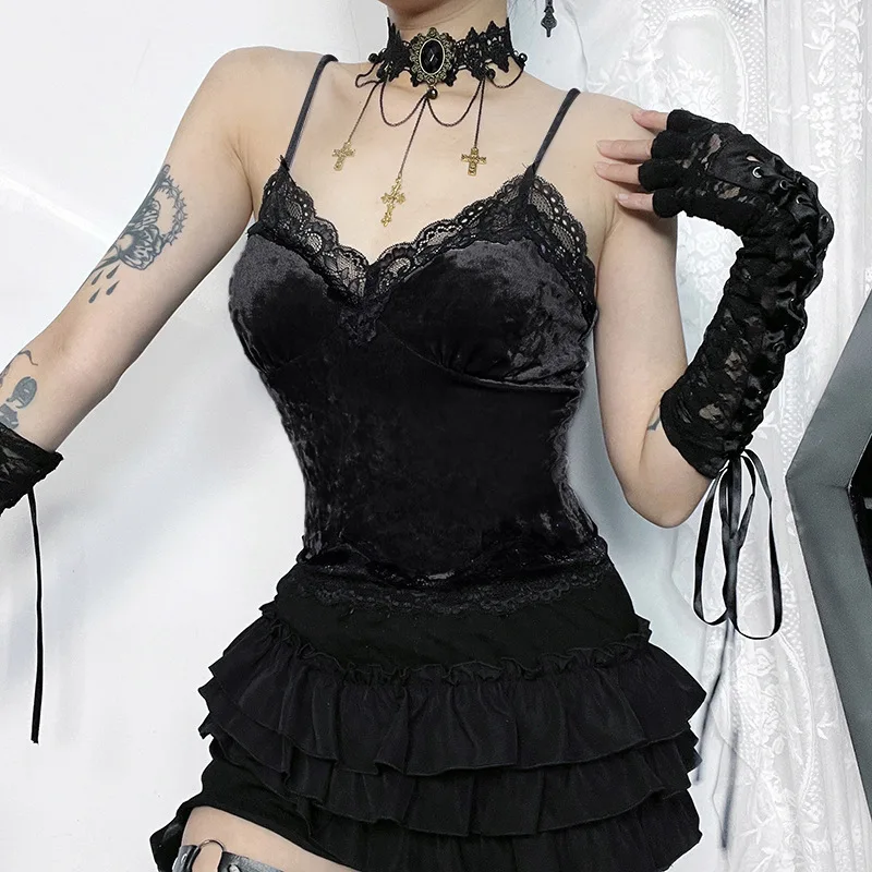 الدانتيل تقليم المخملية القوطية المحاصيل الأعلى المرأة مثير الخامس الرقبة عارية الذراعين مشد بروتيل الجرونج الشرير أكمام ضمادة Alt Y2K قمة الموضة #4