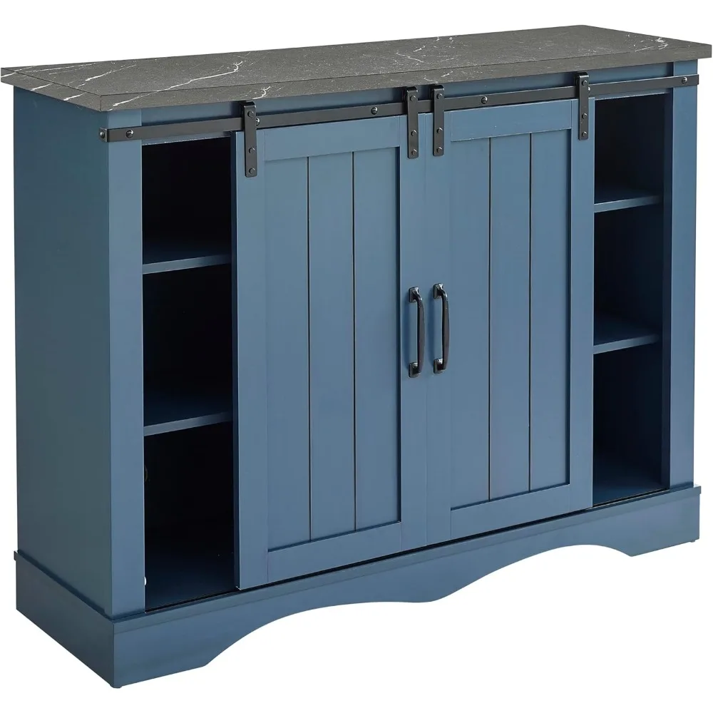 47 Inch Wine Cabinet with 2 Sliding Barn Doors, Glass & Wine Rack, Storage Shelves Kitchen Coffee Bar Buffet Sideboard
