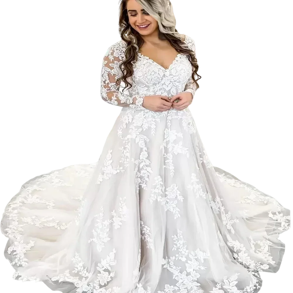 

Customized Classic A-Line V Neck Lace Appliques Robe De Mariée Bridal Gowns Sweep Train Backless Plus Size Wedding Dresses