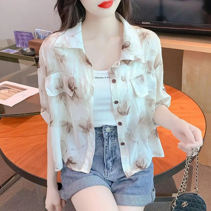 

Fashion Lapel Spliced Printed Casual Shirts Female Clothing 2025 Summer New Loose Short Sleeve Korean Tops Sweet Blouses