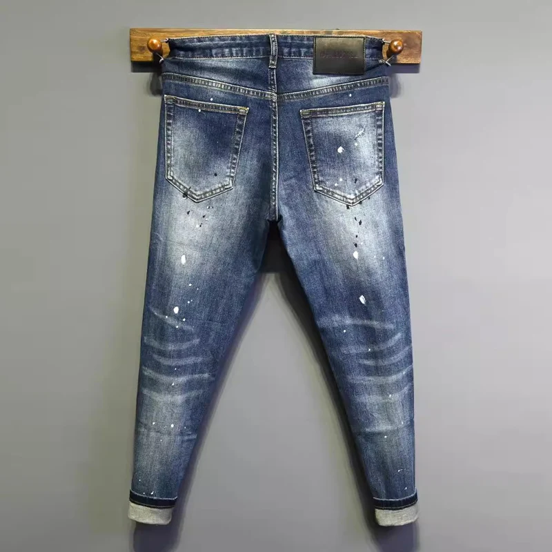 Men's Y2K Slim Fit Blue Jeans with Pleated Painted Elastic Design Fashionable High-Quality Scratch Marked Casual Trousers