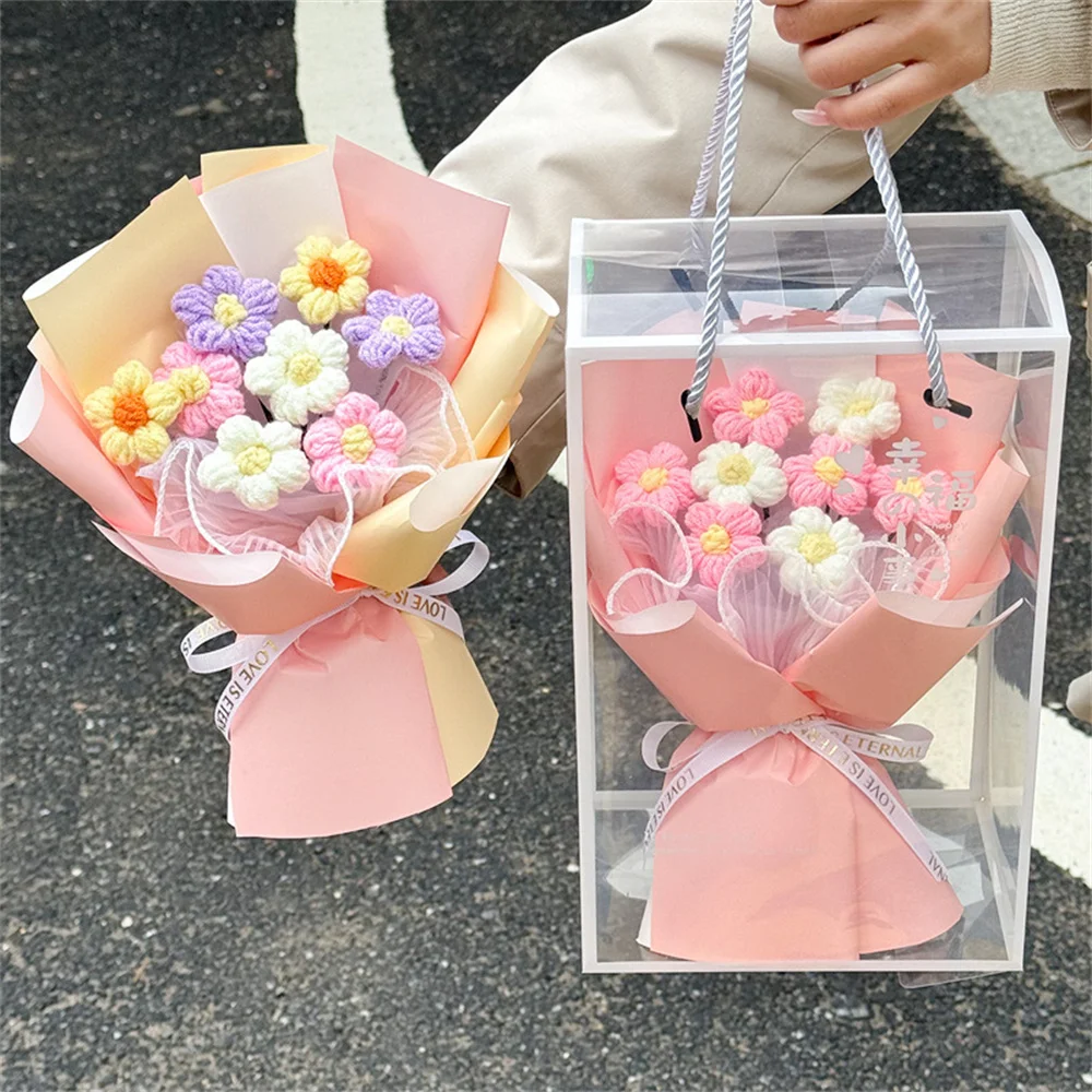 

Креативные вязаные цветы на день рождения, День святого Валентина, слоеные цветы, маленький букет, шерстяной букет, цветочное украшение, орнамент, подарок