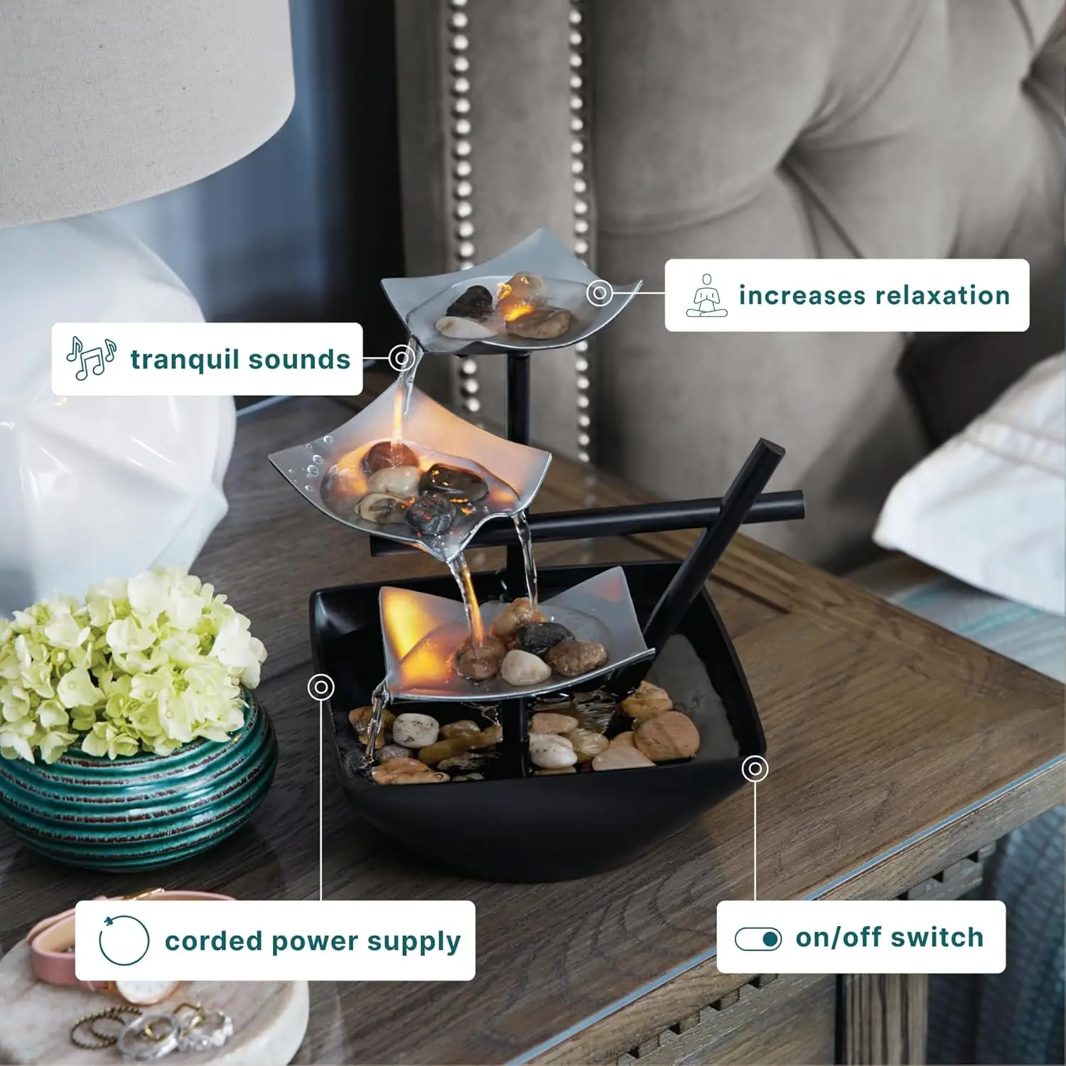 Tabletop Water Fountain Home Décor Soothing Sound Machine-Automatic Pump Deep Basin & Natural River Rocks Indoor Zen Relaxation