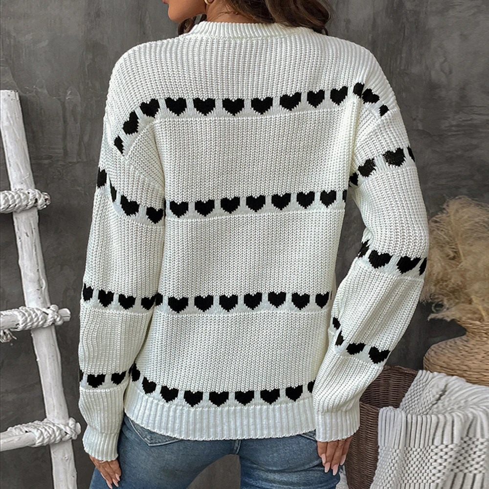 Heart Print Round Neck Long Sleeve Sweater Graphics Knitted Sweaters Casual Hoodies Sweatshirt Loose Pullover Tops Winter Jumper