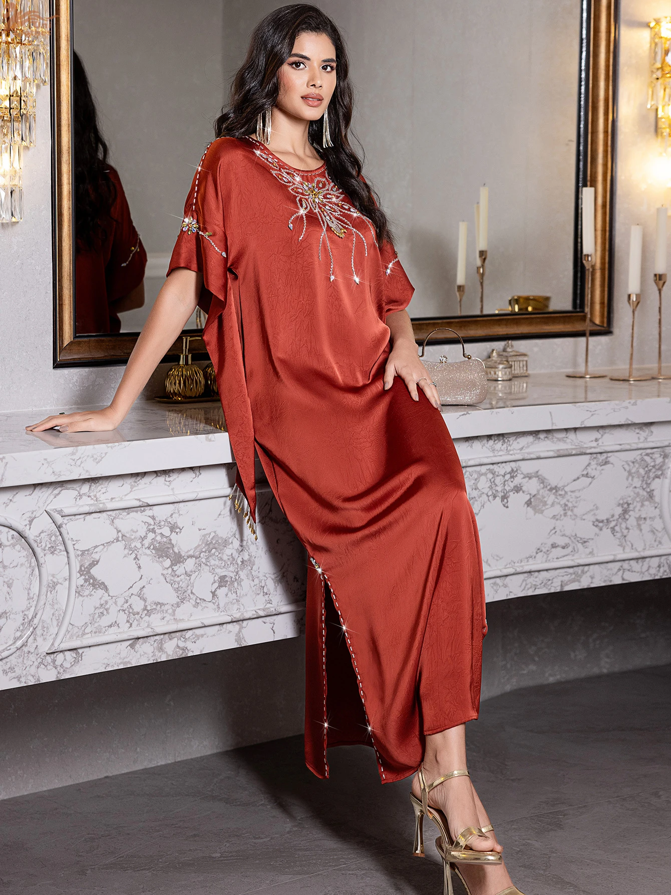 Ramadan Marokkaanse mode met strass versierde Abaya Dubai vlindermouwen maxi-jurk kaftan met splitzoom