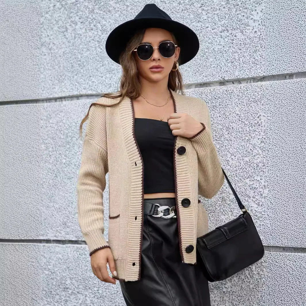 Cardigan camisola de malha feminina único breseted v pescoço casaco sólido manga longa splice jumpers elegante casaco em linha reta outono inverno