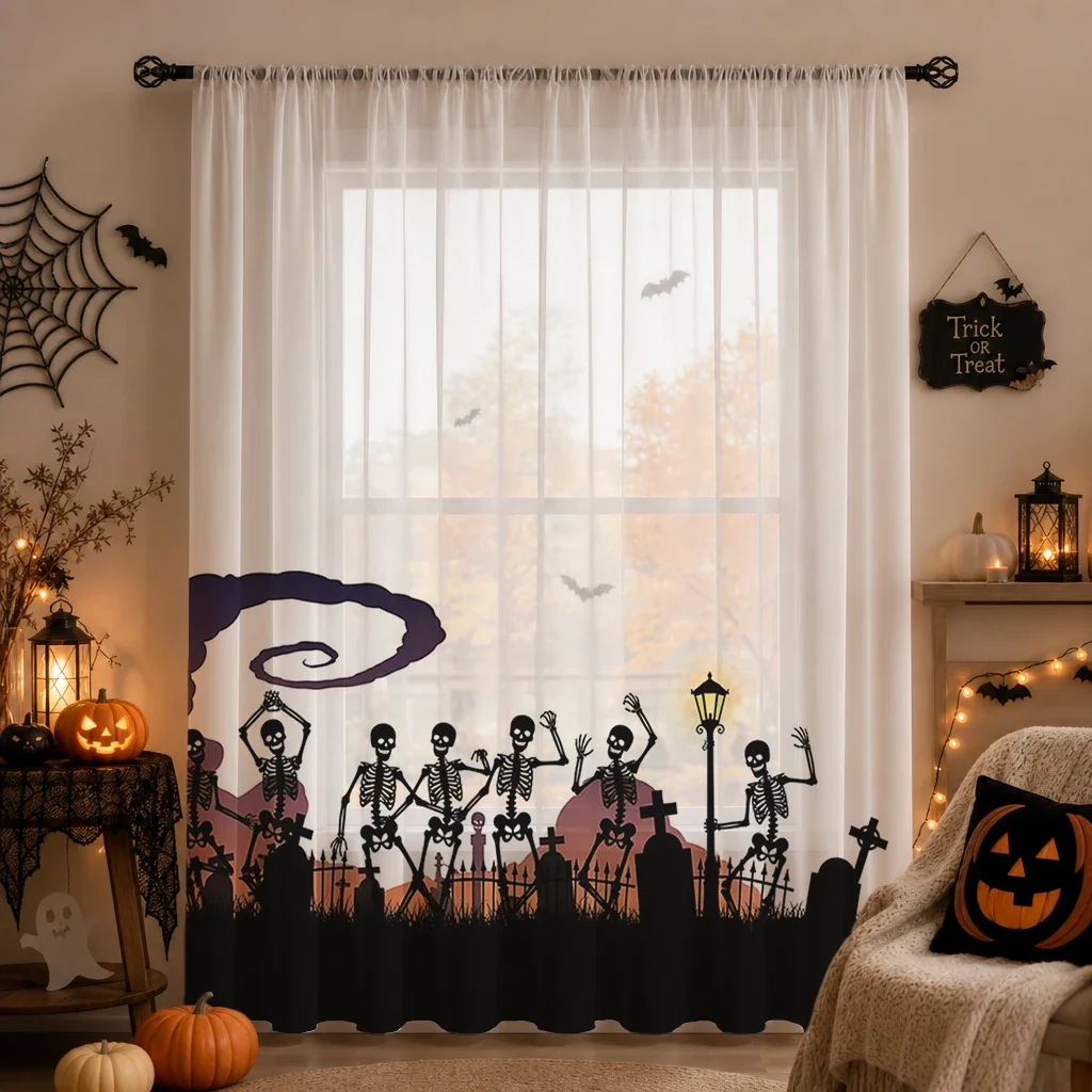 Rod Pocket Halloween Festival Sheer Curtain, Good Quality Light Reducing Privacy Voile for Living/Bedroom/Kids Room