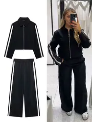 TRAFZA 2024 Female Street Trendy Trousers Suits Lapel Zipper Cropped Jackets+Elastic Waist Wide Leg Long Pants Causal Autumn Set