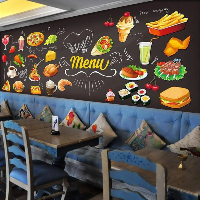 Personalized Blackboard Graffiti Food Mural Wallpaper Cake Shop Cafe Hamburger Shop Restaurant Photo Wallpaper Wall Covering 3D