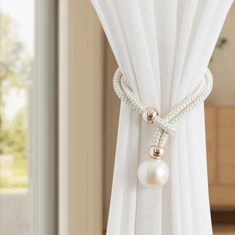 2pcs Pearl Curtain Tiebacks, Curtain Pearl Tiebacks, Decorative Fixings, Rope Curtain Tiebacks No Punch Adjustable Pull-outs