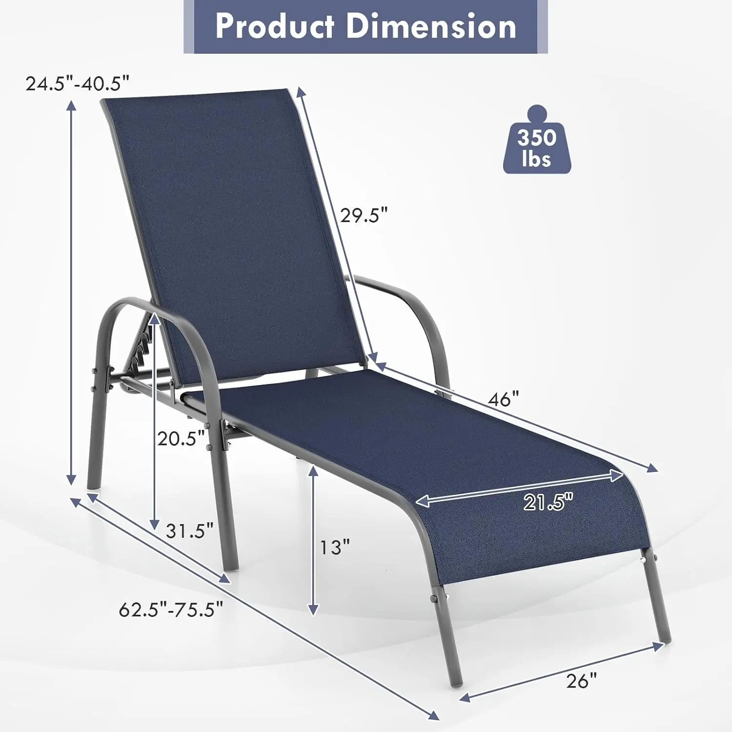 5-Position Adjustable Patio Lounge Chair Recliner Set, Navy, Customized