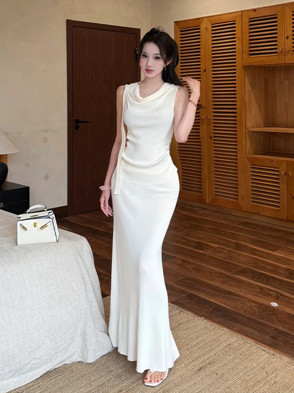 

Slimming Knitted Top And Skirt Two-Piece Set Women Summer Sleeveless Fish Tail Long Dress Ensemble Chic Fashionable Casual Wear