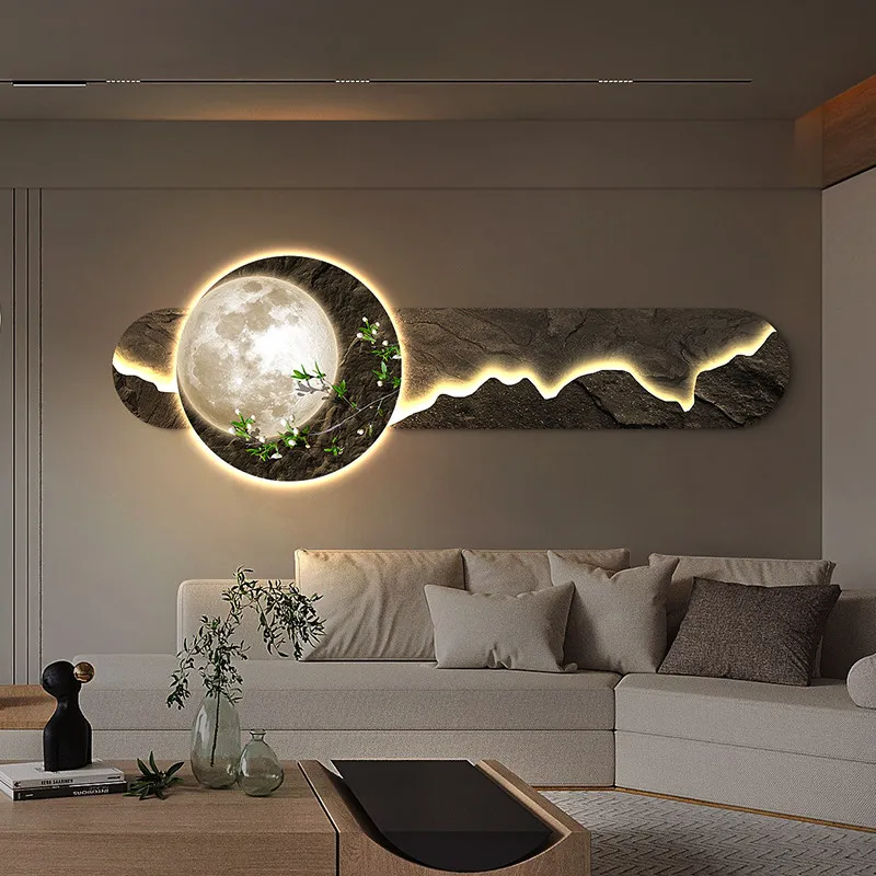 LED lights emit a sense of luxury, hanging paintings, modern light luxury living room decorations, sofas, background walls, mura