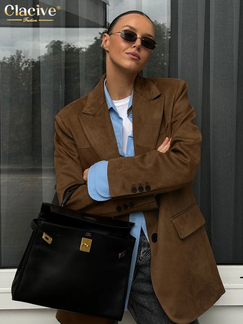 

Clacive Fashion Loose Brown Office Women Blazer 2025 Elegant Lapel Long Sleeve Blazers Casual Classic Solid Top Female Clothing