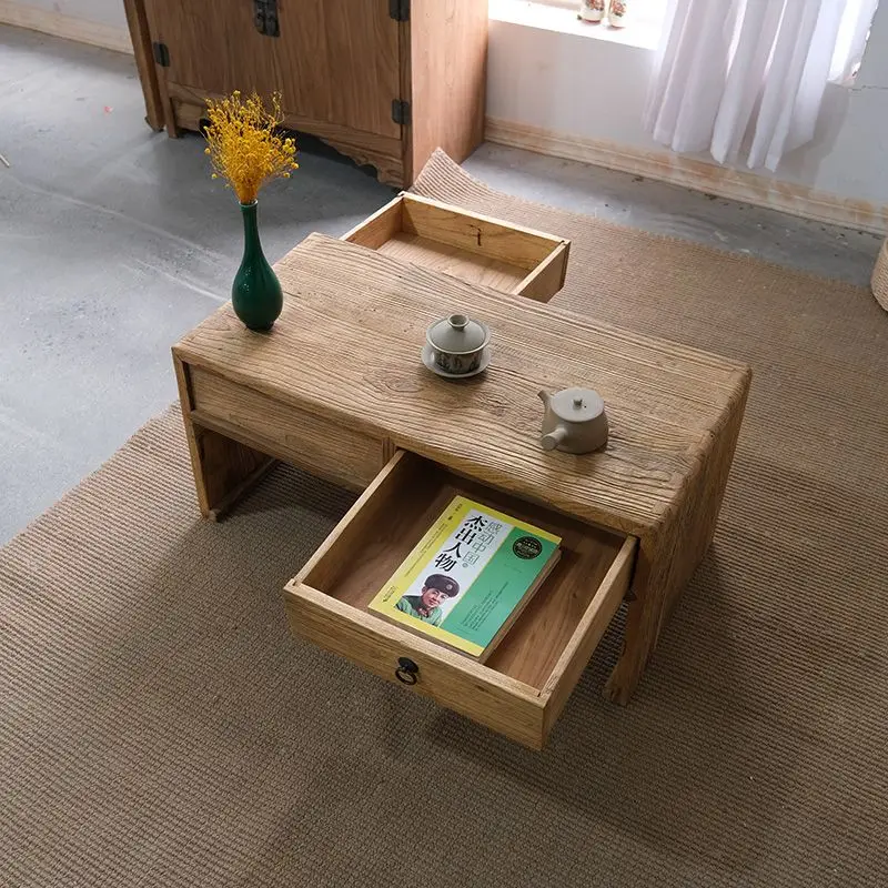 Old elm tatami tea table solid wood with drawers household simple bay window low table