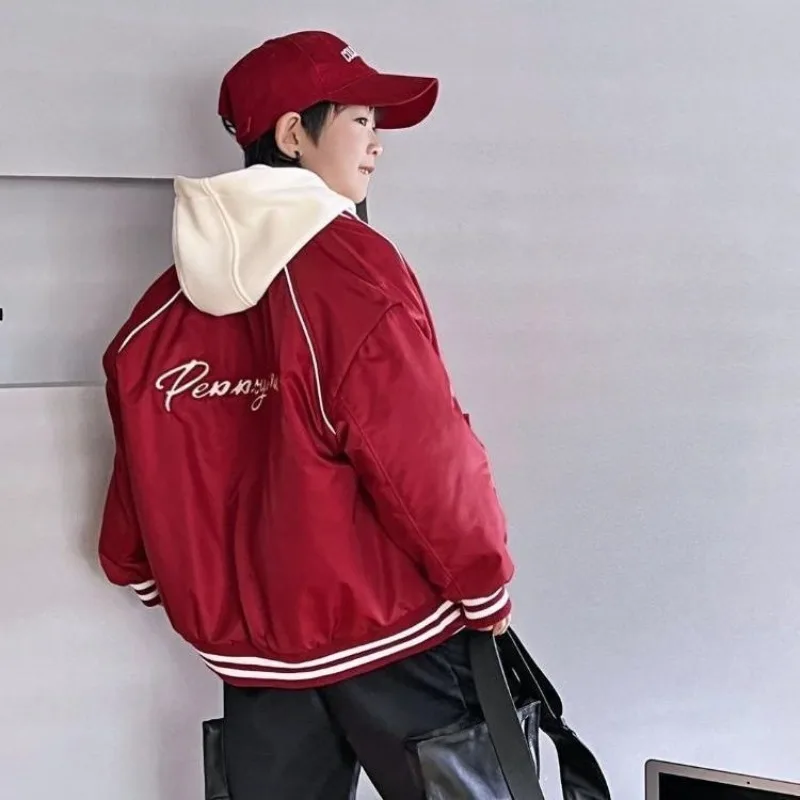 Kids Baseball Jacket Spring Autumn Red Cotton Padded Quilted Vintage Embroidery Casual Wear Stylish Design