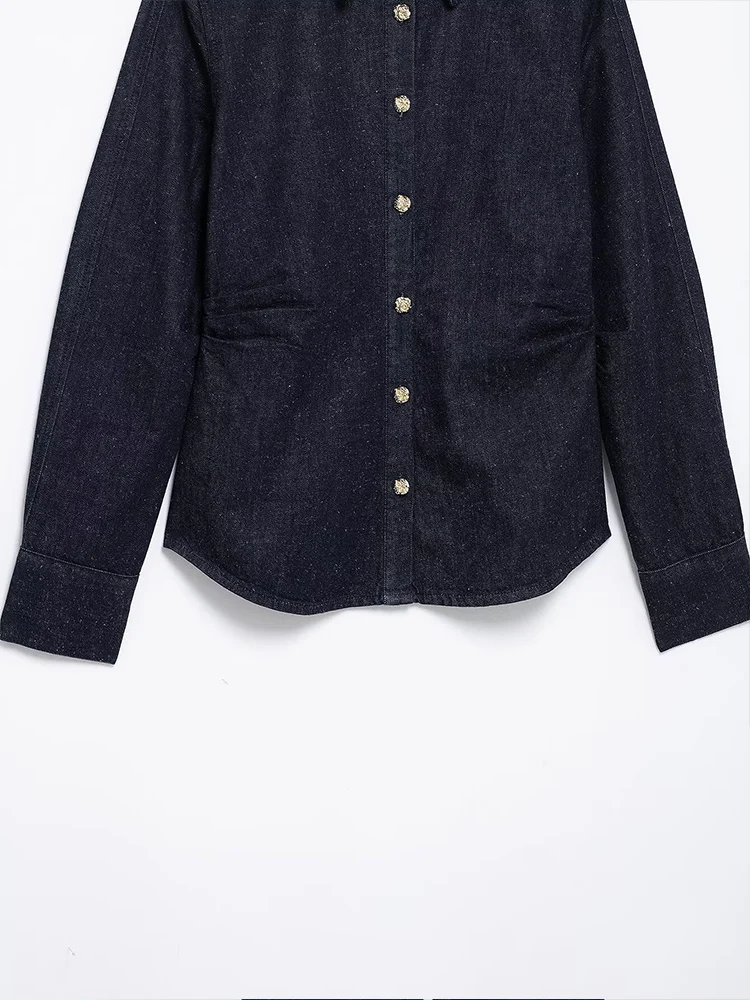 สไตล์ยุโรปและอเมริกาฤดูใบไม้ผลิแฟชั่นใหม่ลําลองของผู้หญิงสวมใส่อเนกประสงค์รายละเอียดจีบหลวมยีนส์เสื้อแขนยาว